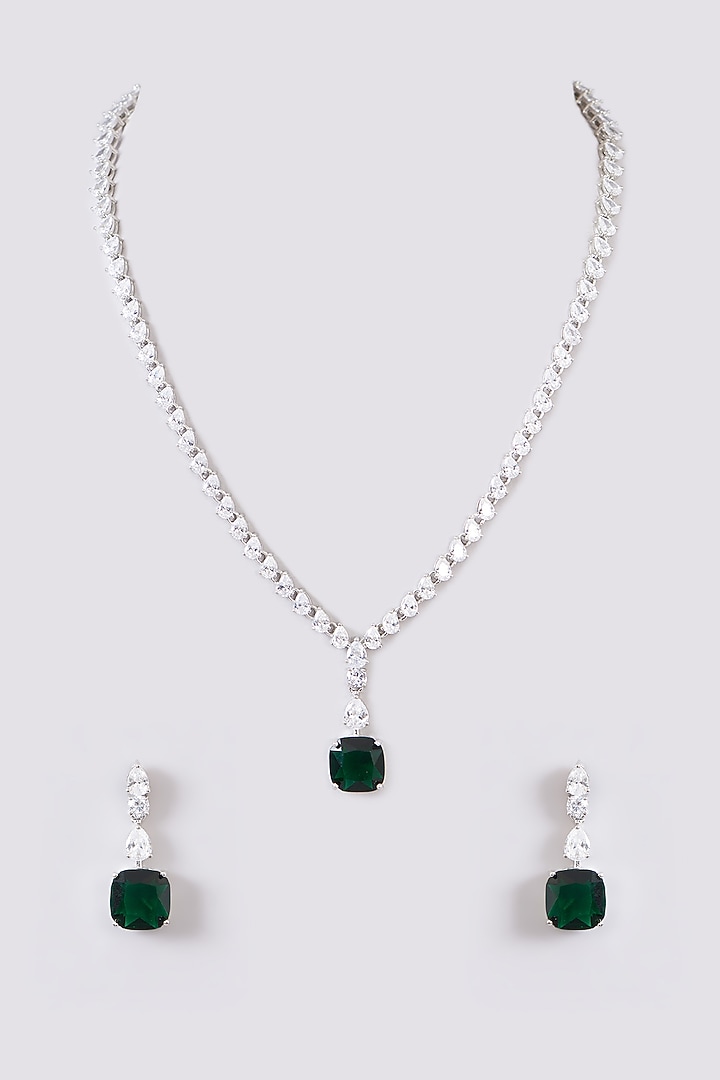 White Finish Faux Diamond & Green Stone Necklace Set by Zevar by Geeta at Pernia's Pop Up Shop