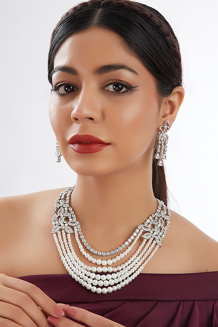 White Finish Faux Diamond & Pearl Layered Necklace Set by Zevar by Geeta