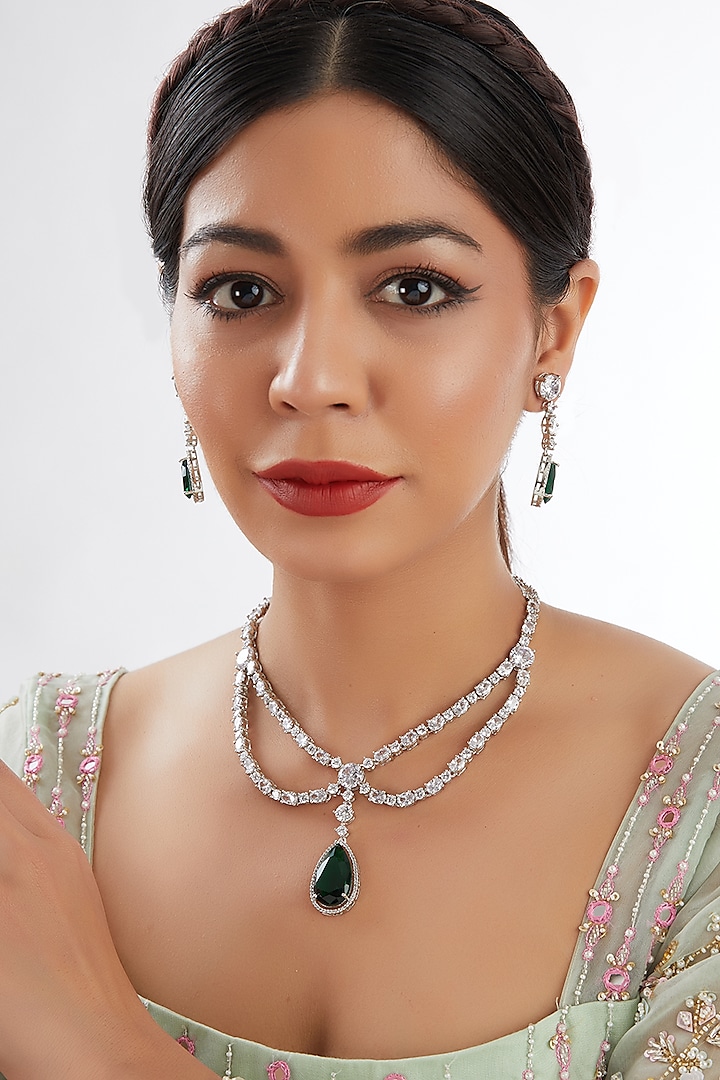 White Finish Faux Diamond & Green Stone Layered Necklace Set by Zevar by Geeta