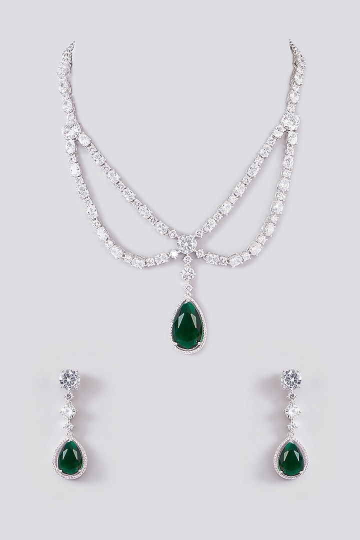 White Finish Faux Diamond & Green Stone Layered Necklace Set by Zevar by Geeta at Pernia's Pop Up Shop