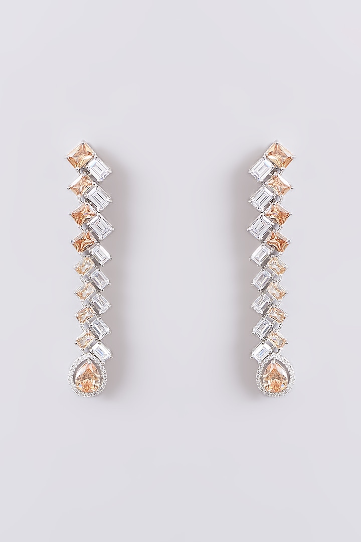 White Finish Faux Diamond & Peach Stone Dangler Earrings by Zevar by Geeta