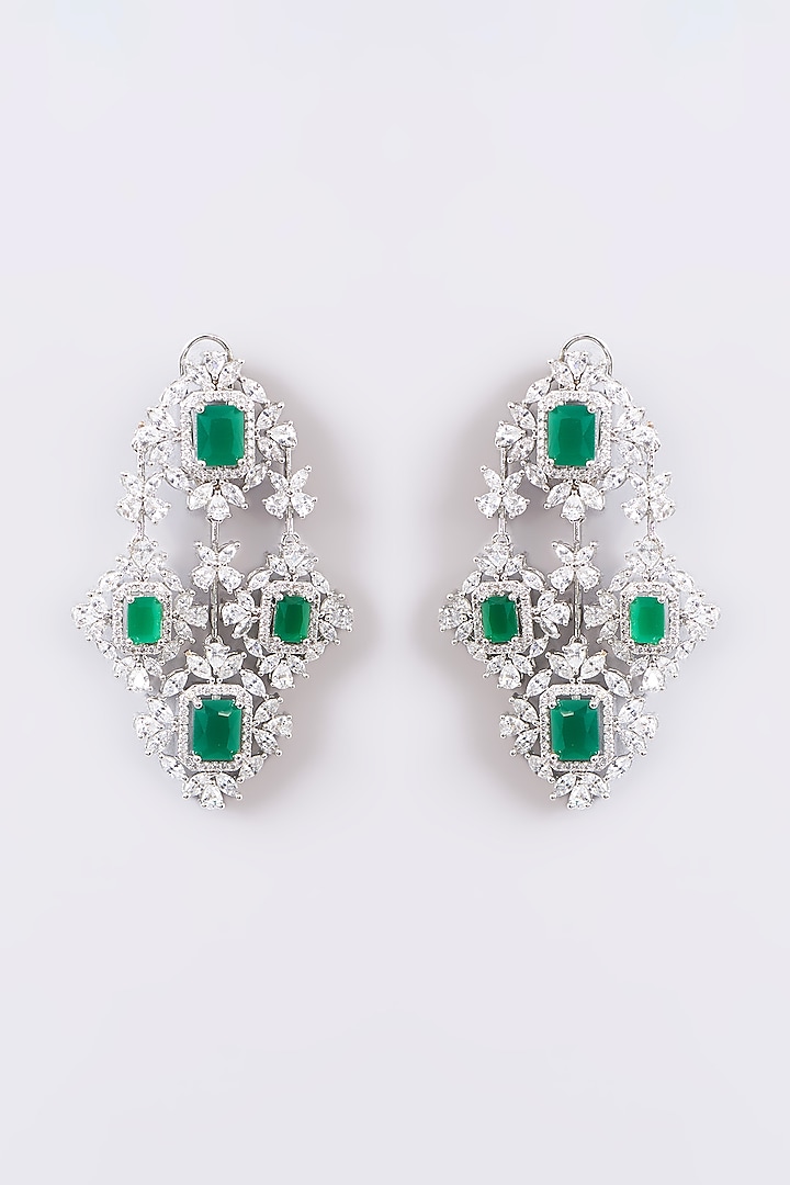White Finish Faux Diamond & Green Stone Dangler Earrings by Zevar by Geeta
