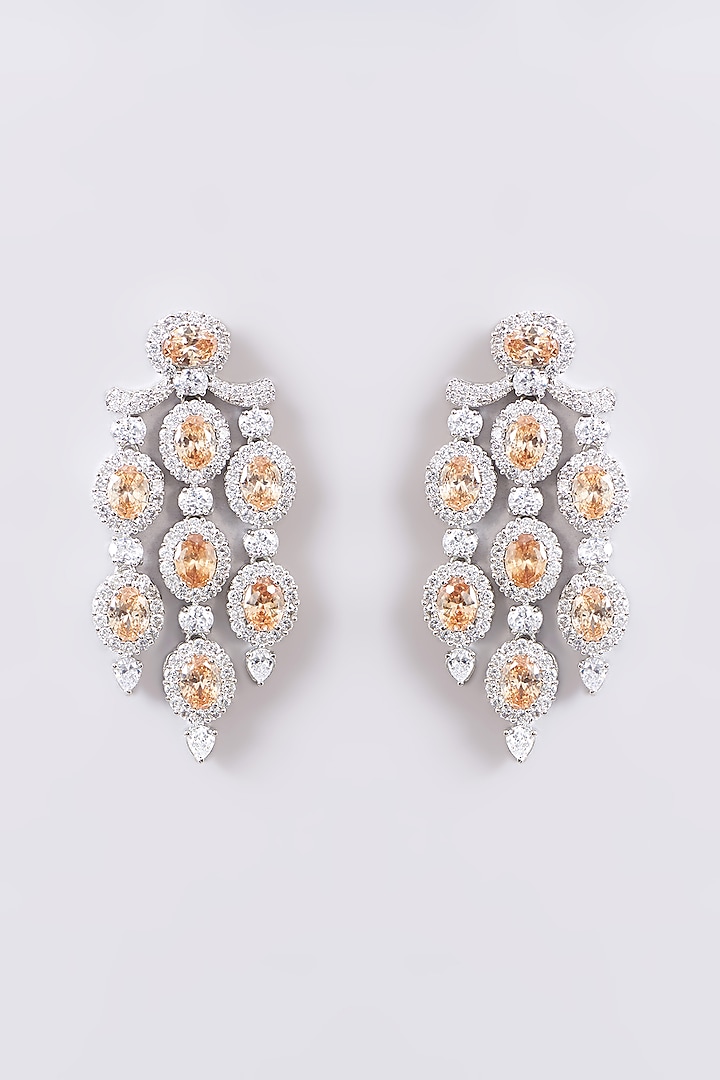 White Finish Faux Diamond & Peach Stone Dangler Earrings by Zevar by Geeta