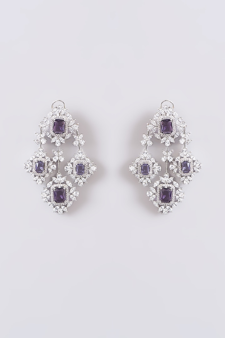 White Finish Faux Diamond & Purple Stone Dangler Earrings by Zevar by Geeta