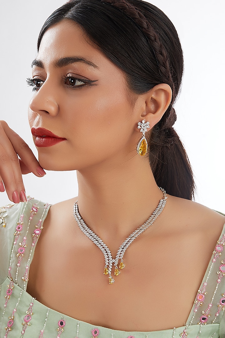 White Finish Faux Diamond & Yellow Stone Necklace Set by Zevar by Geeta