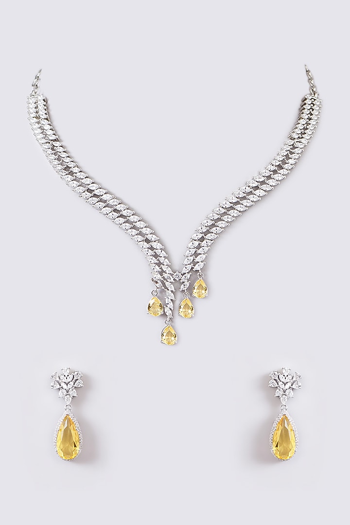 White Finish Faux Diamond & Yellow Stone Necklace Set by Zevar by Geeta at Pernia's Pop Up Shop