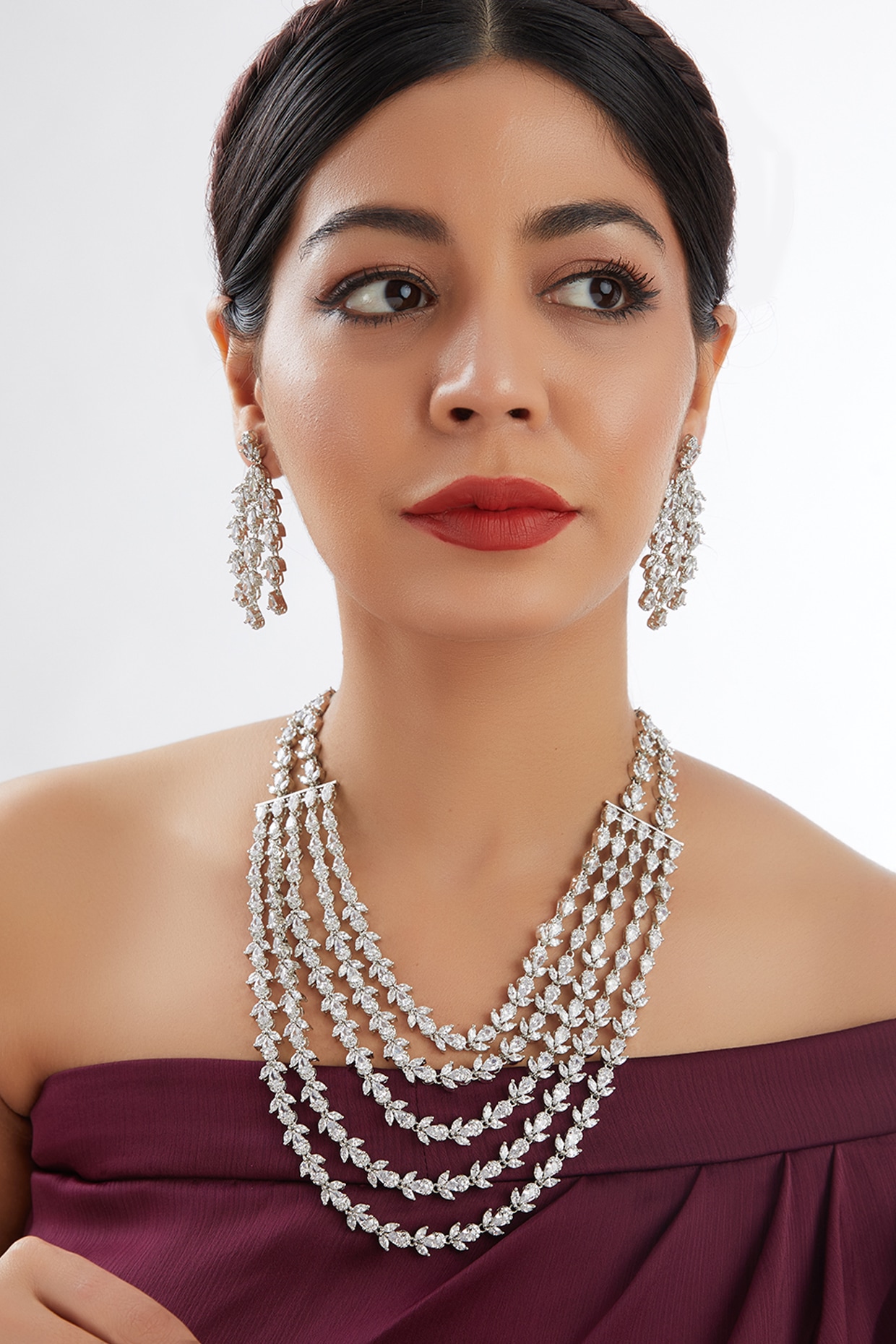 White Finish Faux Diamond Layered Necklace Set by Zevar by White Finish Faux Diamond Layered Necklace Set by Zevar by
