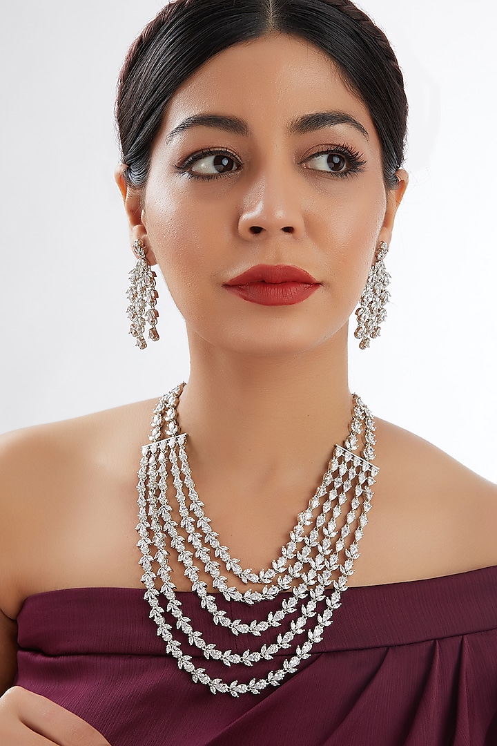 White Finish Faux Diamond Layered Necklace Set by Zevar by Geeta