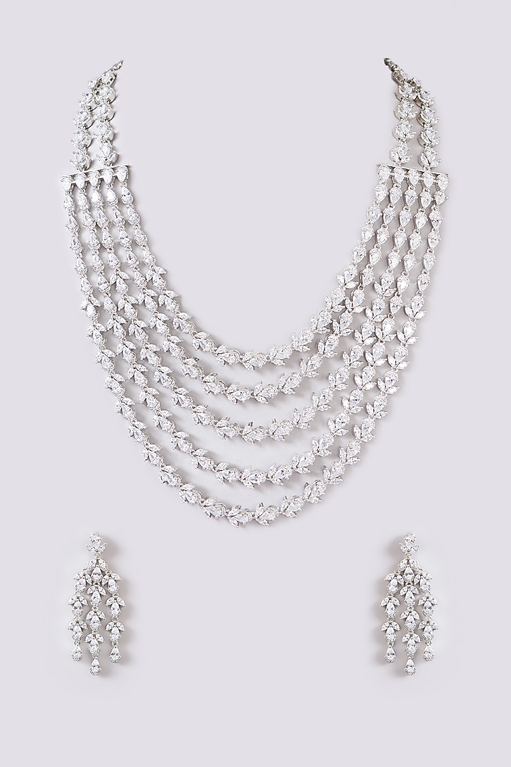 White Finish Faux Diamond Layered Necklace Set by Zevar by Geeta at Pernia's Pop Up Shop