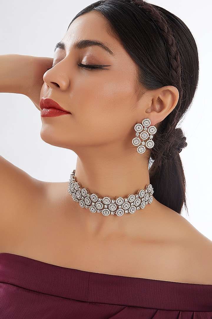 White Finish Faux Diamond Choker Necklace Set by Zevar by Geeta