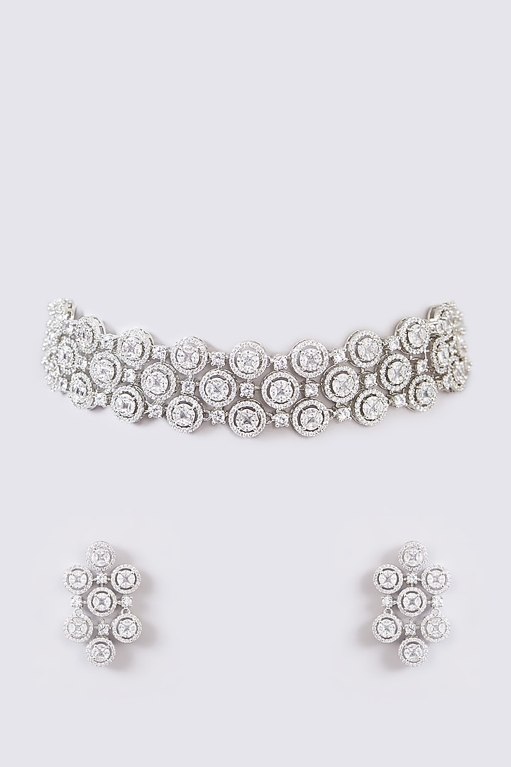 White Finish Faux Diamond Choker Necklace Set by Zevar by Geeta at Pernia's Pop Up Shop