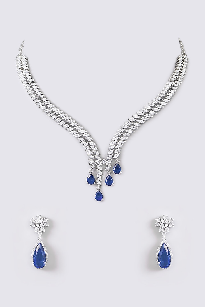 White Finish Faux Diamond & Blue Stone Necklace Set by Zevar by Geeta at Pernia's Pop Up Shop