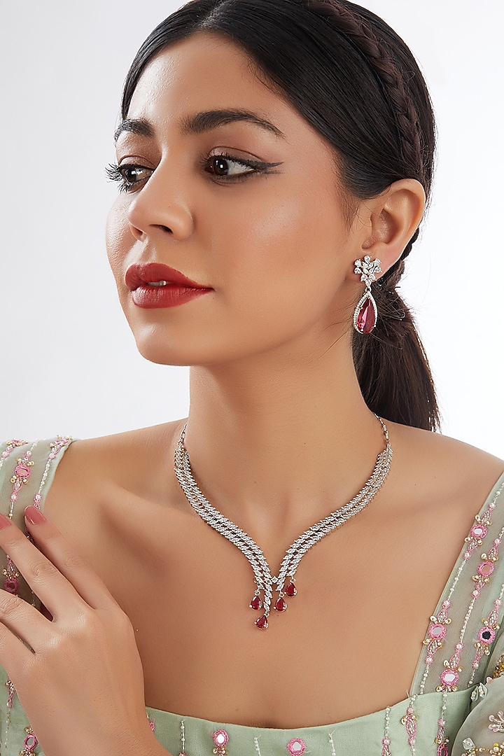 White Finish Faux Diamond & Pink Stone Necklace Set by Zevar by Geeta