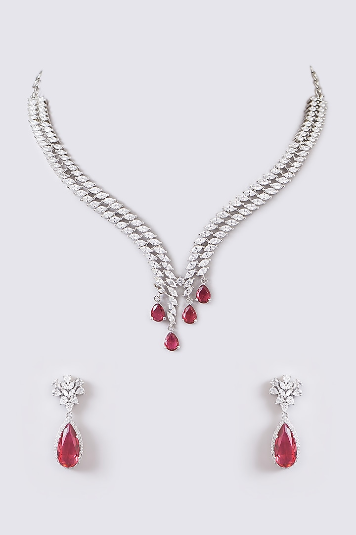 White Finish Faux Diamond & Pink Stone Necklace Set by Zevar by Geeta at Pernia's Pop Up Shop