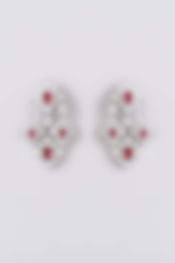 White Finish Faux Diamond & Pink Stone Dangler Earrings by Zevar by Geeta