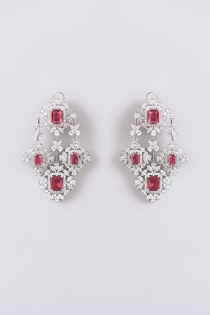 White Finish Faux Diamond & Pink Stone Dangler Earrings by Zevar by Geeta