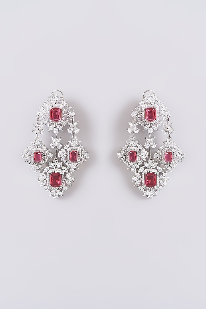 White Finish Faux Diamond & Pink Stone Dangler Earrings by Zevar by Geeta at Pernia's Pop Up Shop