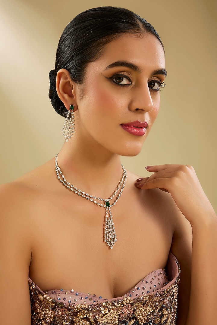 White Finish Diamond & Green Stone Pendant Necklace Set by Zevar By Geeta at Pernia's Pop Up Shop