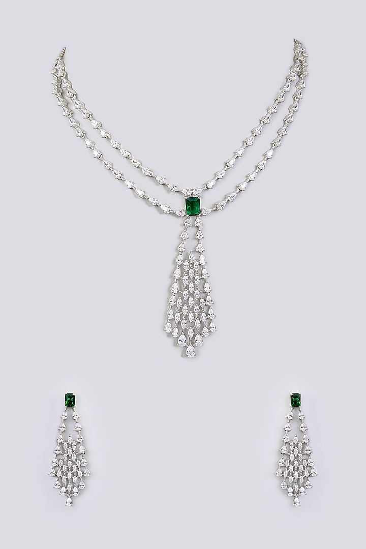 White Finish Diamond & Green Stone Pendant Necklace Set by Zevar By Geeta at Pernia's Pop Up Shop