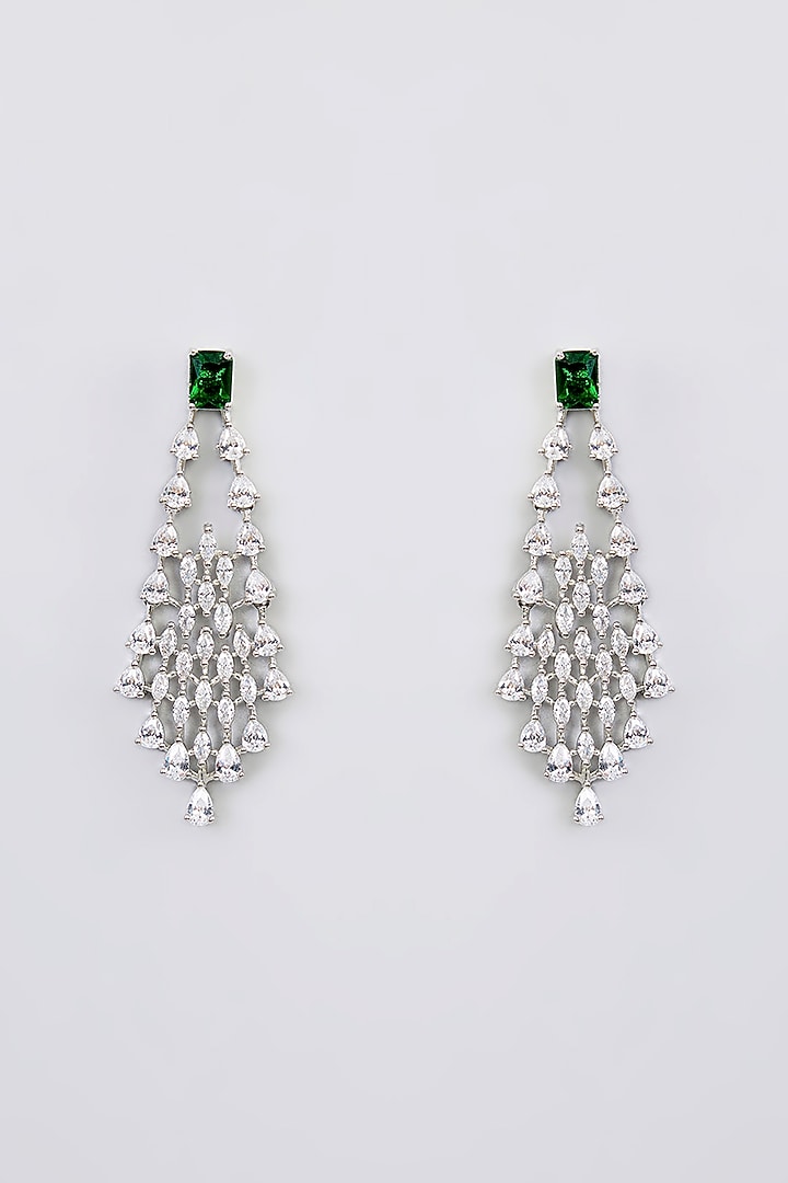 White Finish Diamond & Green Stone Pendant Necklace Set by Zevar By Geeta at Pernia's Pop Up Shop