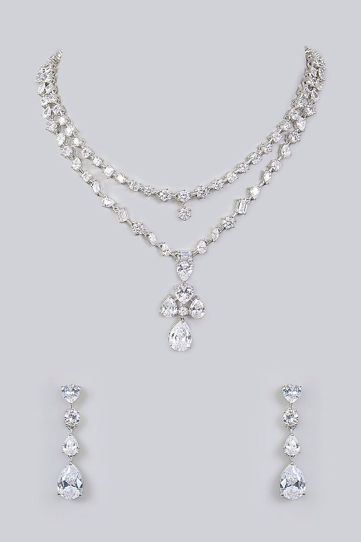 White Finish Diamond Layered Pendant Necklace Set by Zevar By Geeta at Pernia's Pop Up Shop