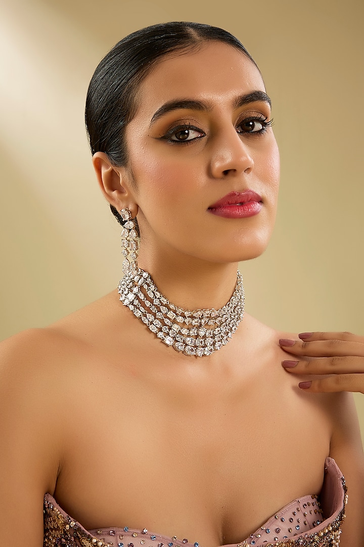White Finish Diamond Choker Necklace Set by Zevar By Geeta at Pernia's Pop Up Shop