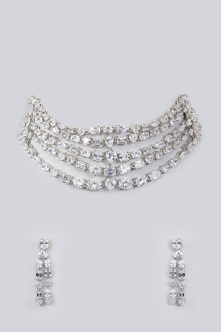 White Finish Diamond Choker Necklace Set by Zevar By Geeta at Pernia's Pop Up Shop