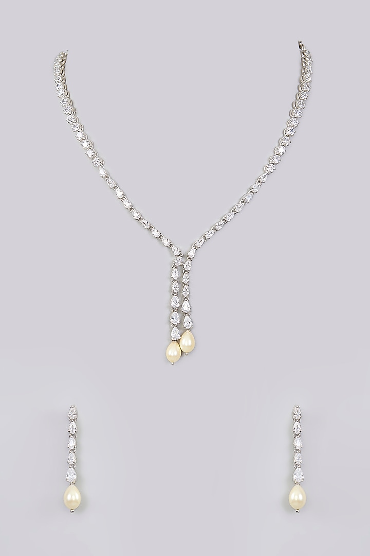 White Finish Diamond & Pearl Pendant Necklace Set by Zevar By Geeta at Pernia's Pop Up Shop
