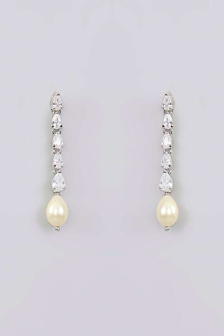 White Finish Diamond & Pearl Pendant Necklace Set by Zevar By Geeta at Pernia's Pop Up Shop