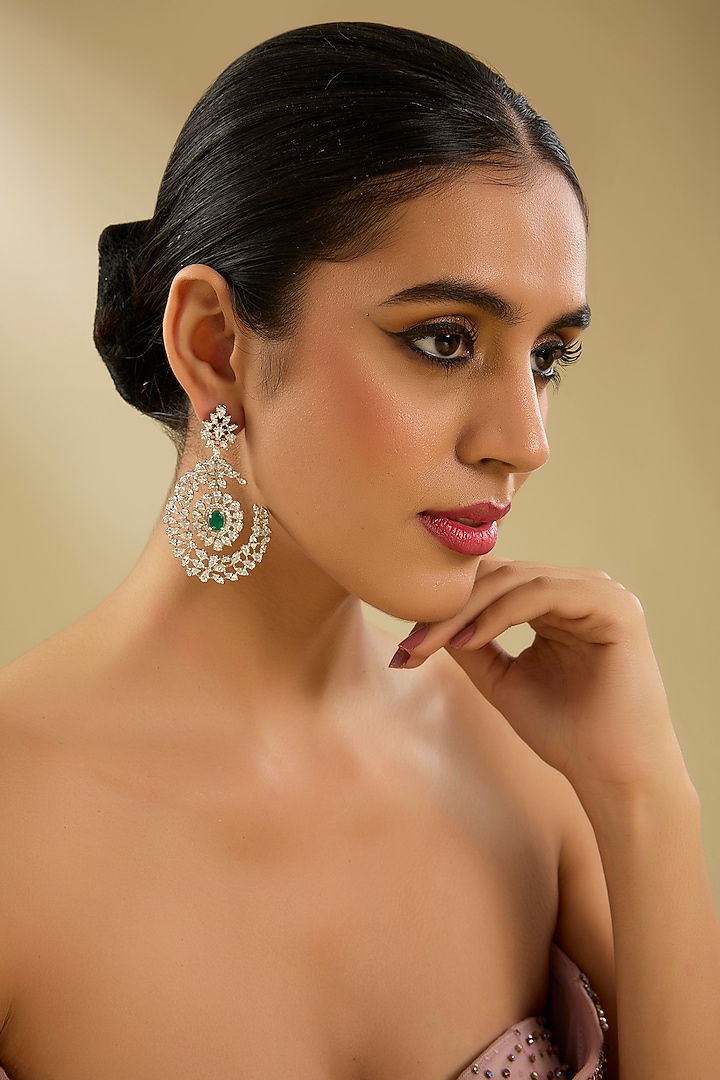 White Finish Diamond & Emerald Stone Dangler Earrings by Zevar By Geeta at Pernia's Pop Up Shop