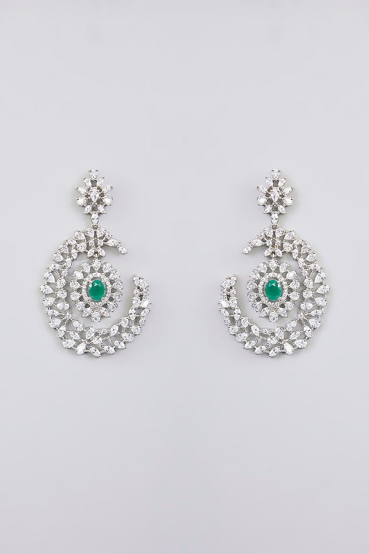 White Finish Diamond & Emerald Stone Dangler Earrings by Zevar By Geeta at Pernia's Pop Up Shop