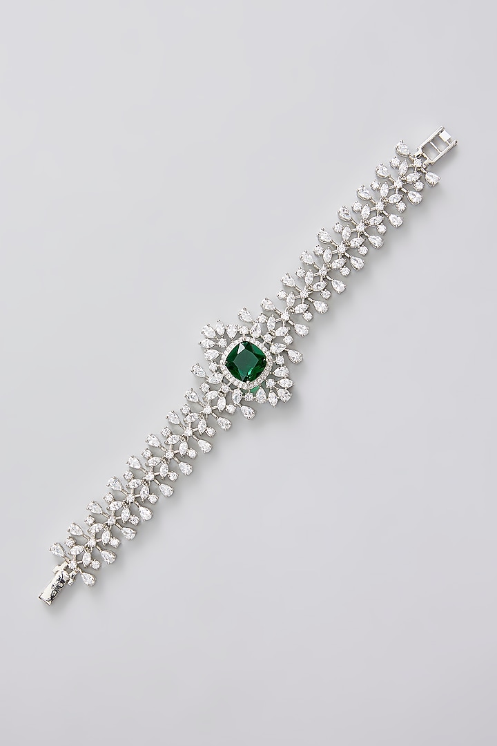 White Finish Diamond & Emerald Stone Bracelet by Zevar By Geeta at Pernia's Pop Up Shop