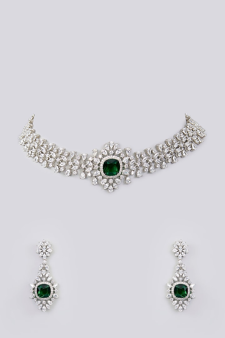 White Finish Diamond & Emerald Stone Choker Necklace Set by Zevar By Geeta at Pernia's Pop Up Shop