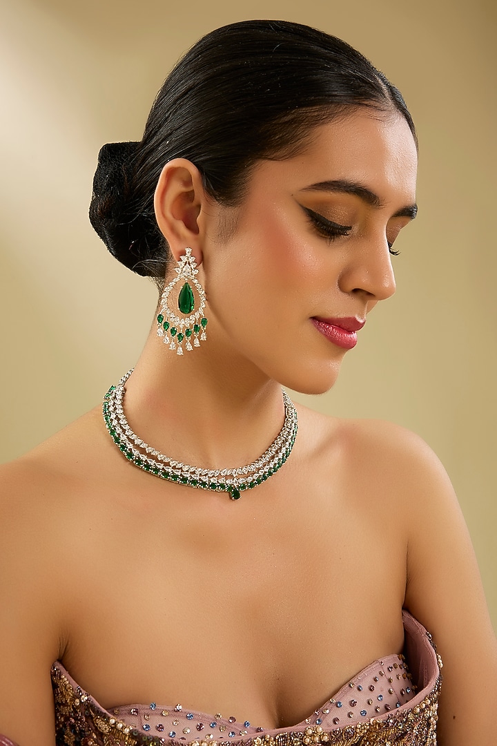 White Finish Diamond & Emerald Stone Necklace Set by Zevar By Geeta at Pernia's Pop Up Shop