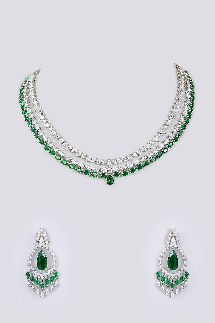 White Finish Diamond & Emerald Stone Necklace Set by Zevar By Geeta at Pernia's Pop Up Shop