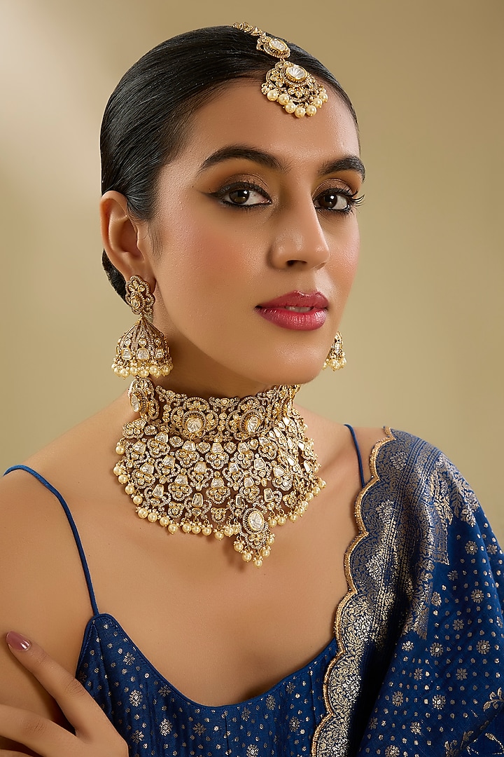 Gold Finish Kundan Polki Necklace Set by Zevar By Geeta at Pernia's Pop Up Shop