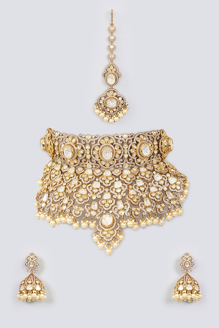 Gold Finish Kundan Polki Necklace Set by Zevar By Geeta at Pernia's Pop Up Shop