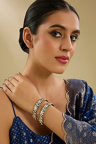 Gold Finish Kundan Polki Green Meenakari Openable Kadas (Set Of 2) by Zevar By Geeta