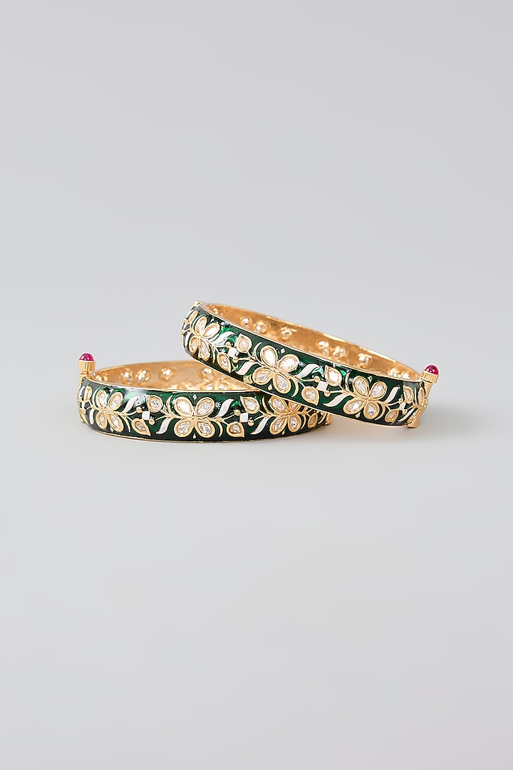 Gold Finish Kundan Polki Green Meenakari Openable Kadas (Set Of 2) by Zevar By Geeta at Pernia's Pop Up Shop