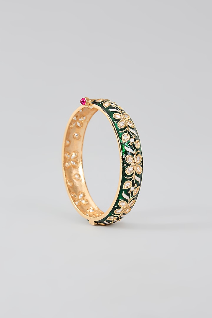 Gold Finish Kundan Polki Green Meenakari Openable Kadas (Set Of 2) by Zevar By Geeta at Pernia's Pop Up Shop