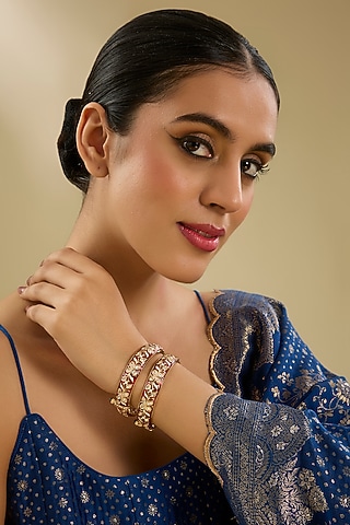 Gold Finish Kundan Polki Red Meenakari Openable Kadas (Set Of 2) by Zevar By Geeta