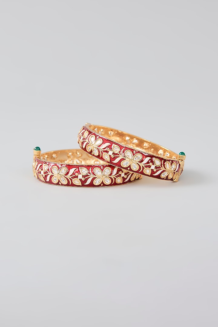 Gold Finish Kundan Polki Red Meenakari Openable Kadas (Set Of 2) by Zevar By Geeta at Pernia's Pop Up Shop