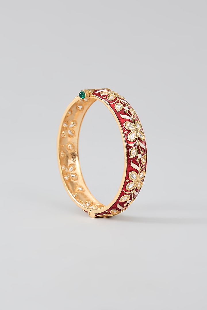 Gold Finish Kundan Polki Red Meenakari Openable Kadas (Set Of 2) by Zevar By Geeta at Pernia's Pop Up Shop