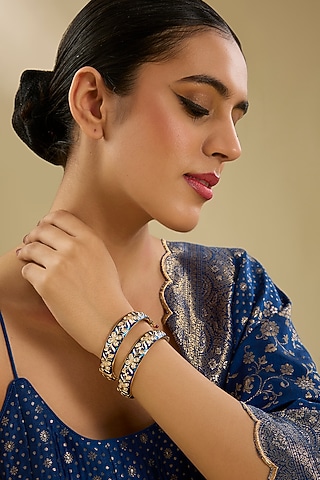 Gold Finish Kundan Polki Blue Meenakari Openable Kadas (Set Of 2) by Zevar By Geeta