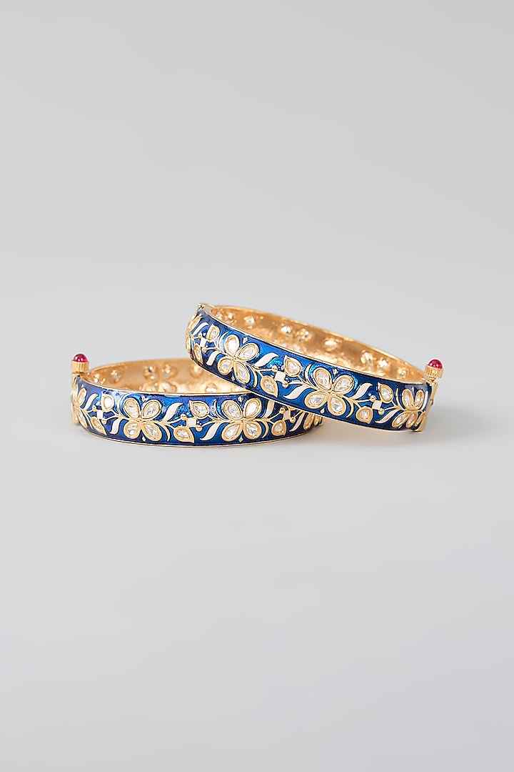 Gold Finish Kundan Polki Blue Meenakari Openable Kadas (Set Of 2) by Zevar By Geeta at Pernia's Pop Up Shop