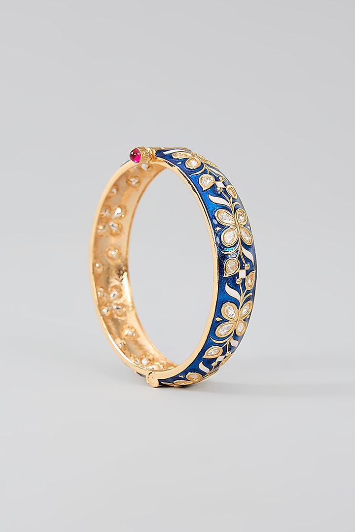 Gold Finish Kundan Polki Blue Meenakari Openable Kadas (Set Of 2) by Zevar By Geeta at Pernia's Pop Up Shop