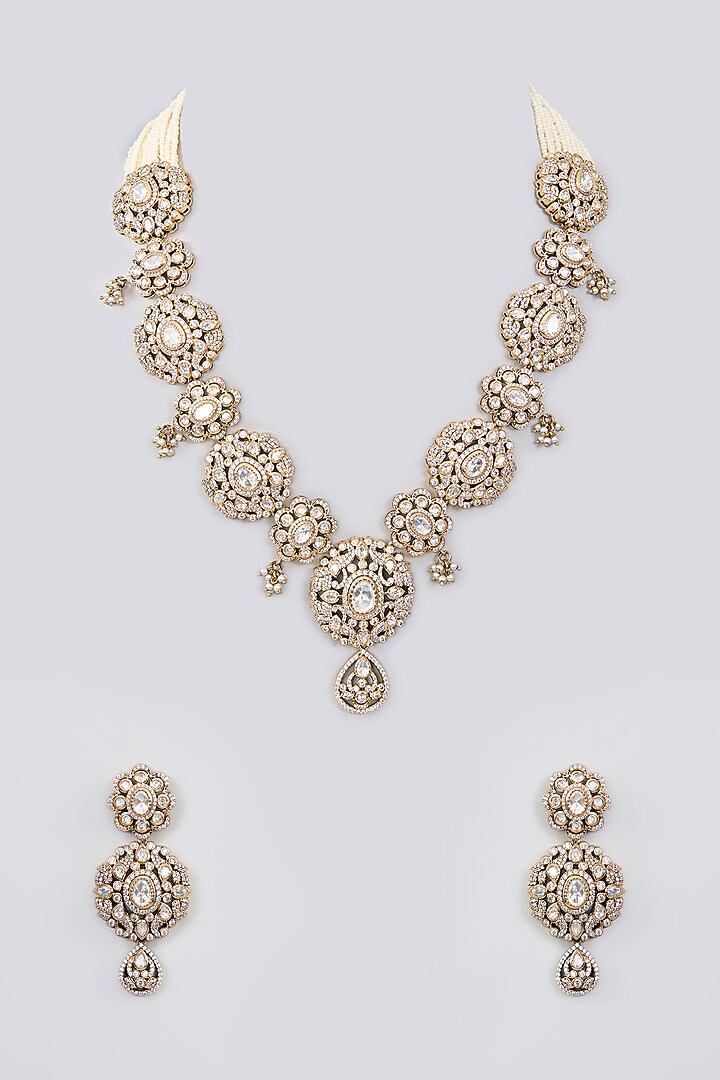 Two Tone Finish Kundan Polki Long Necklace Set by Zevar By Geeta at Pernia's Pop Up Shop