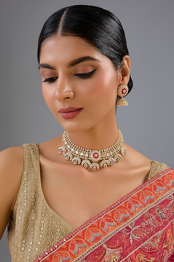 Gold Finish Pink Kundan Polki Temple Necklace Set by Zevar by Geeta at Pernia's Pop Up Shop