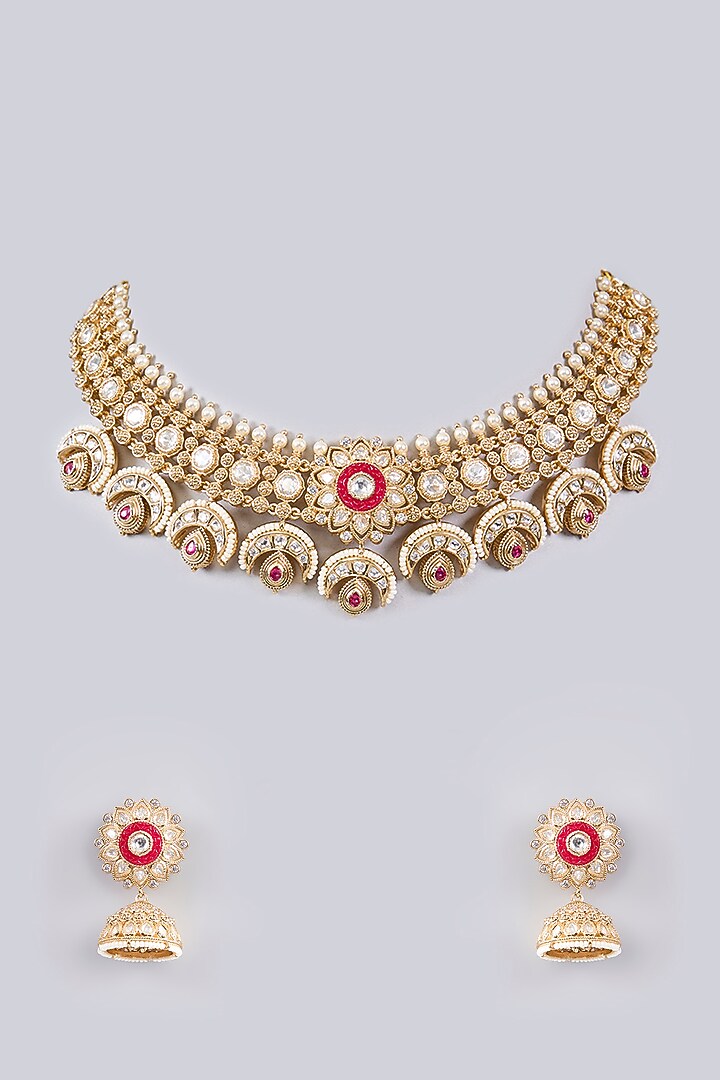 Gold Finish Pink Kundan Polki Temple Necklace Set by Zevar by Geeta at Pernia's Pop Up Shop