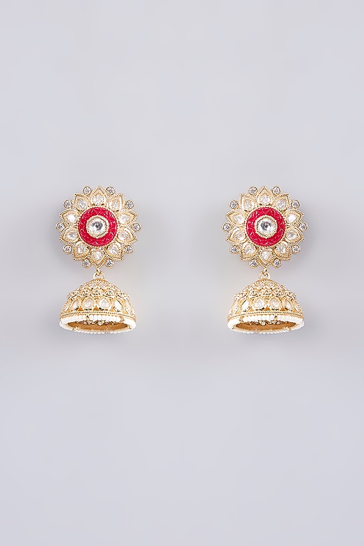 Gold Finish Pink Kundan Polki Temple Necklace Set by Zevar by Geeta at Pernia's Pop Up Shop